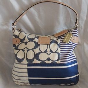 Blue and Tan Striped Coach Bag